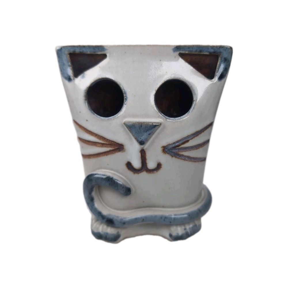Vintage Blue Cream Pottery Cat Figurine Folk Art Handmade Hobbyist Kitty Rare